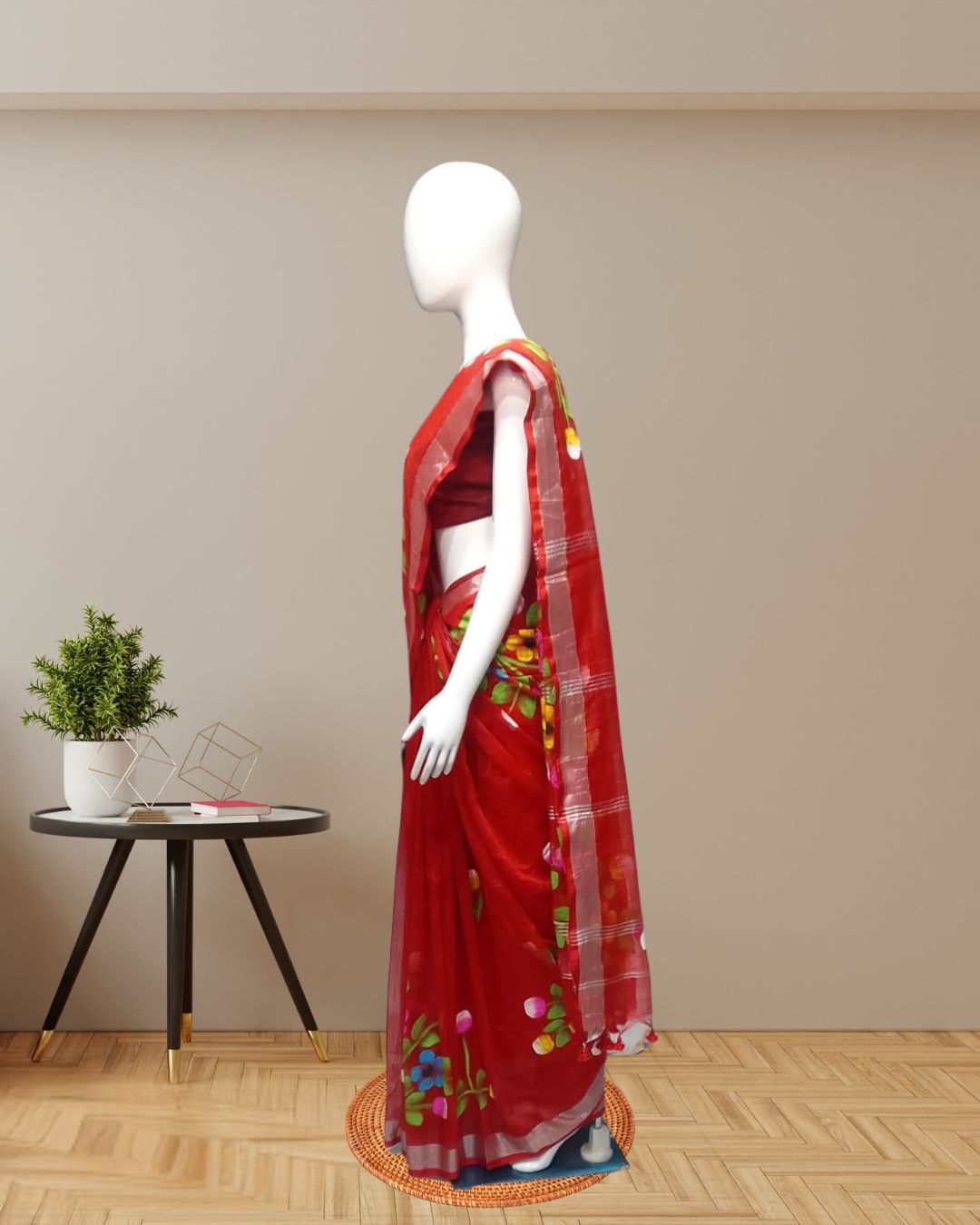 Red Hand-Painted Linen Soft Saree with Floral Design