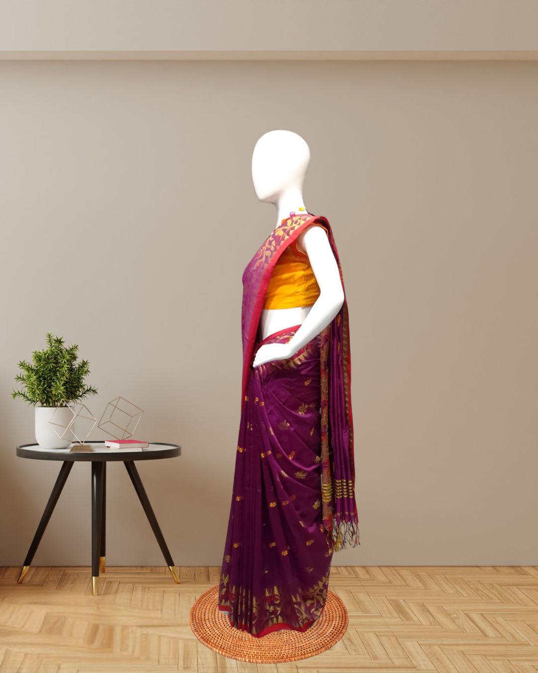 Royal Purple Saree with Golden Motifs & Contrast Red Border