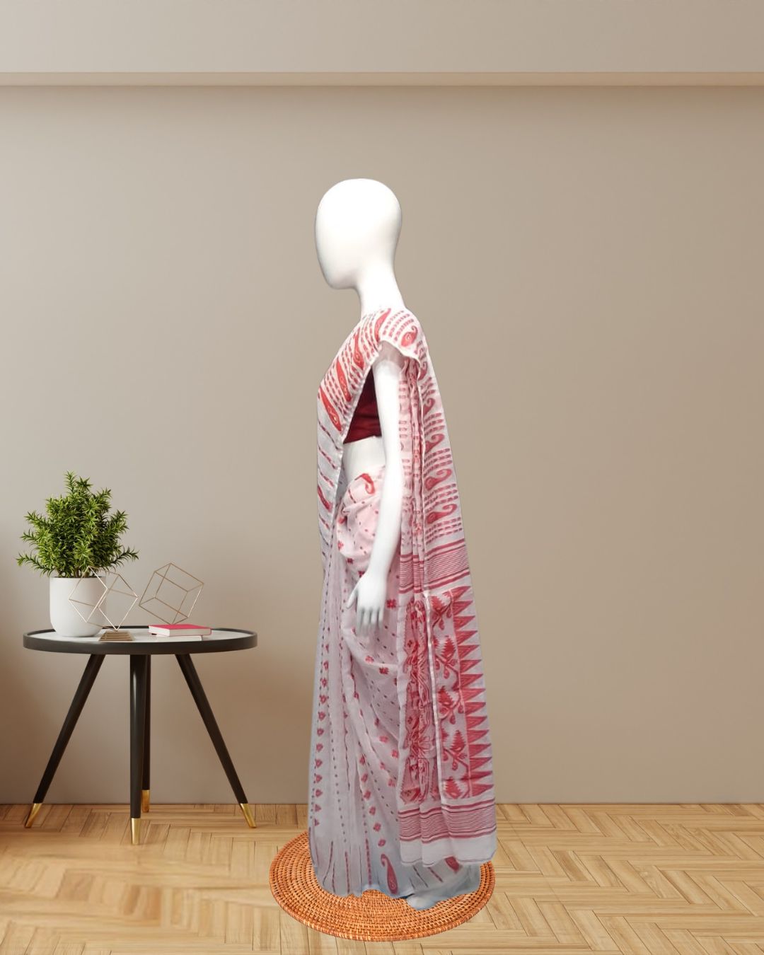 Elegant Soft Jamdani Cotton Saree in White with Red Motifs