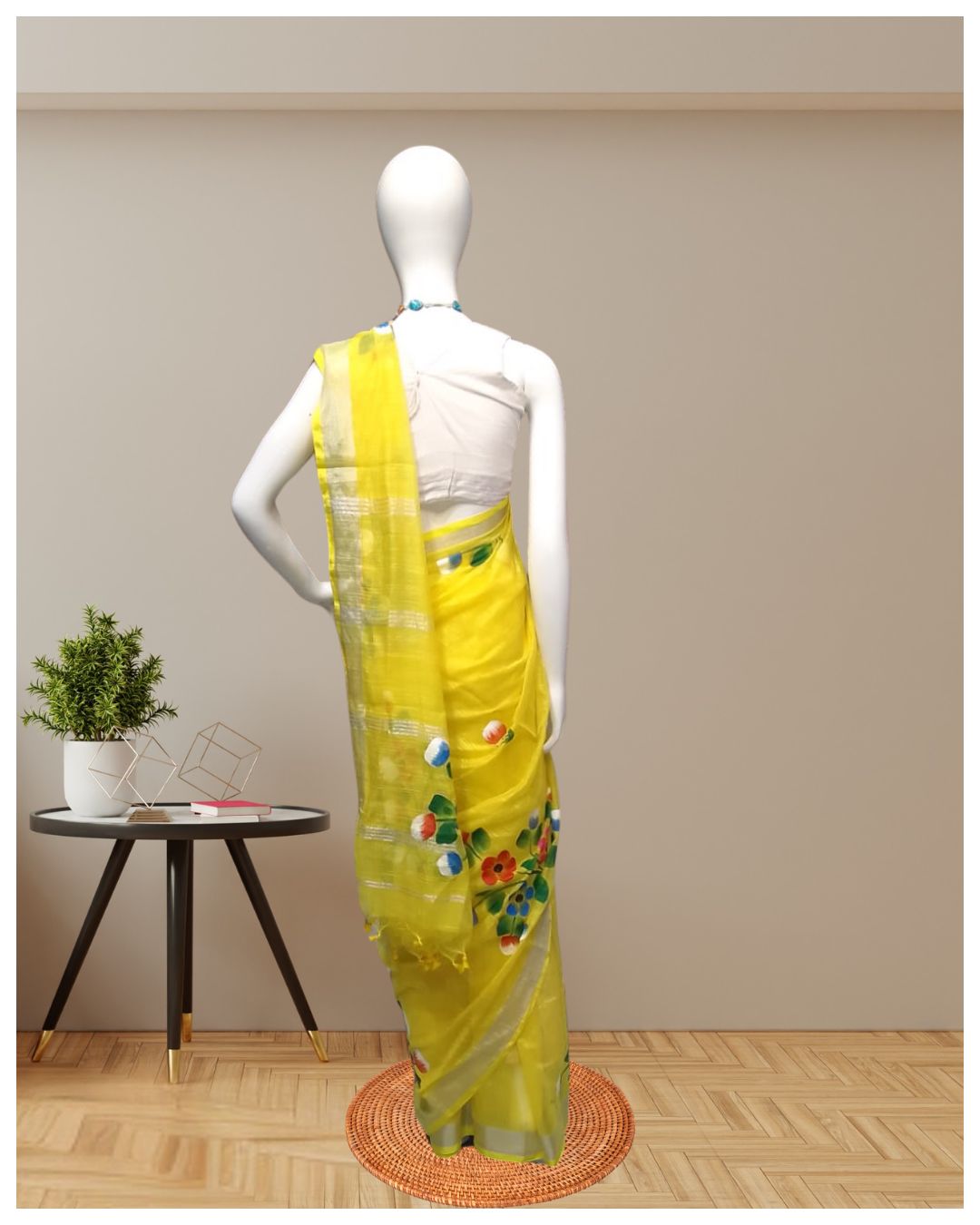 yellow-handpainted-linen-saree-back