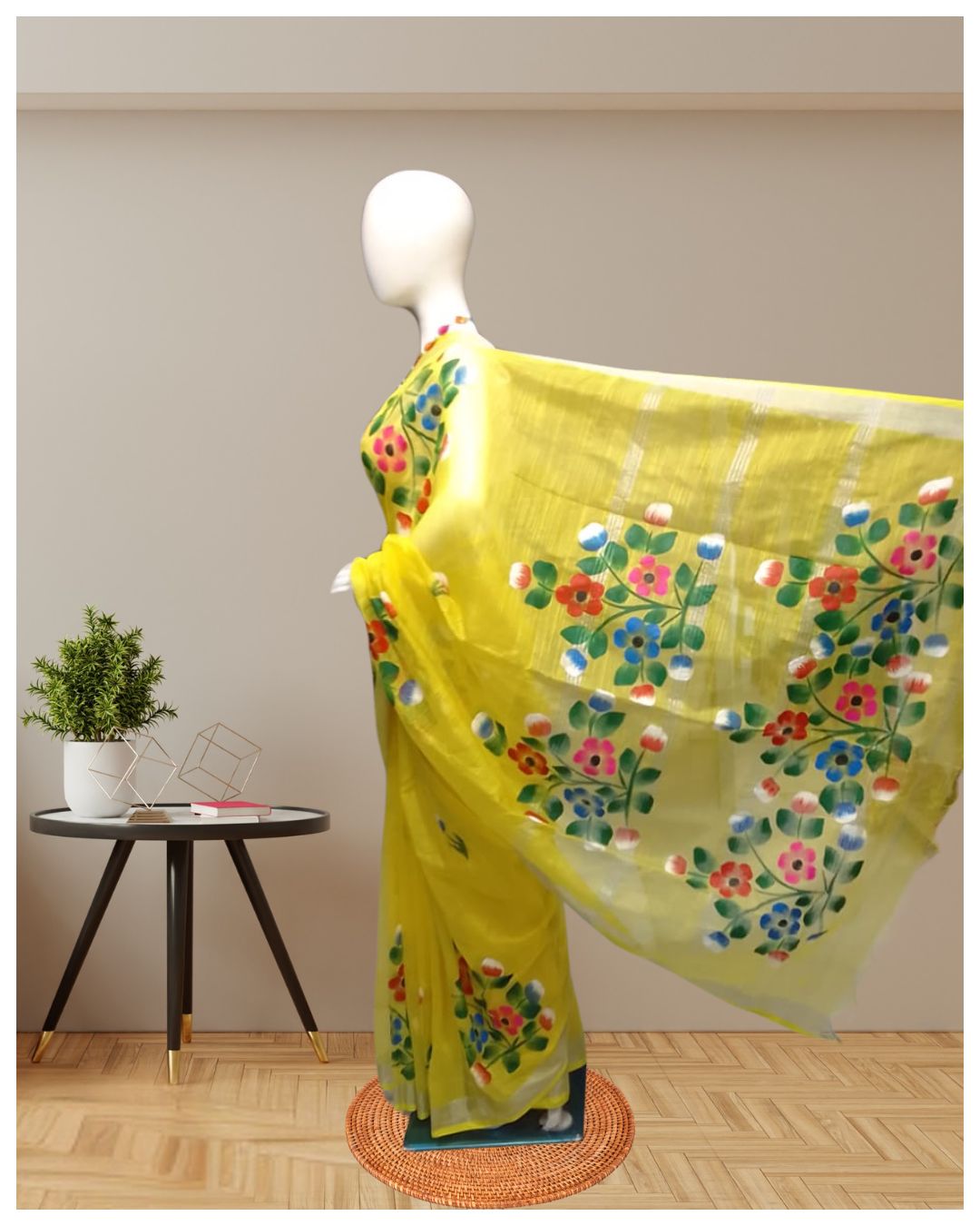 yellow-handpainted-linen-saree-pallu