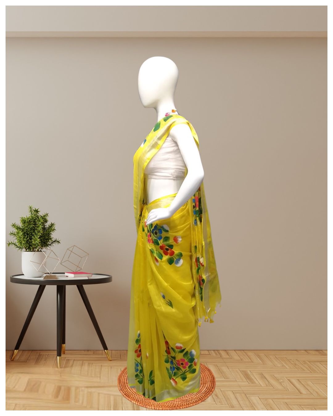 Sunshine Yellow Hand-Painted Linen Soft Saree with Floral Design
