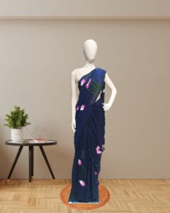 Navy Blue Hand-Printed Cotton Saree with Lotus Motif