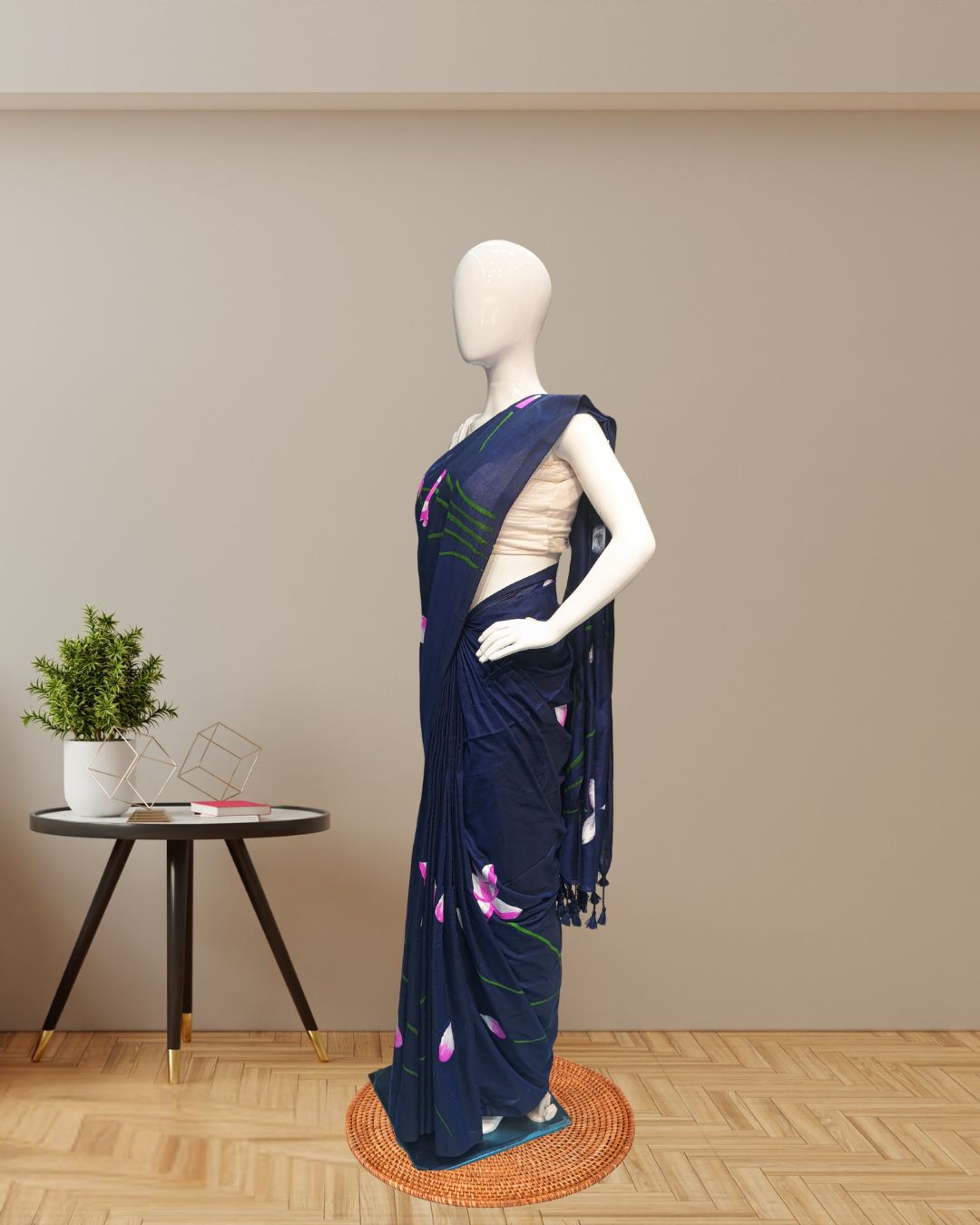 Navy Blue Hand-Printed Cotton Saree with Lotus Motif