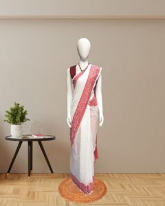 White & Red Machine Printed Cotton Saree – Geometric Motif