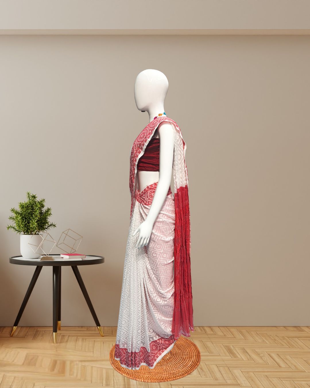 White & Red Machine Printed Cotton Saree – Geometric Motif