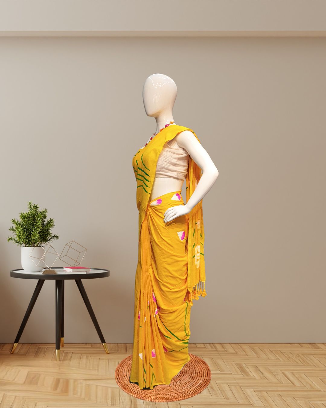 Yellow Cotton Saree with Bold Hand-Printed Lotus Motifs