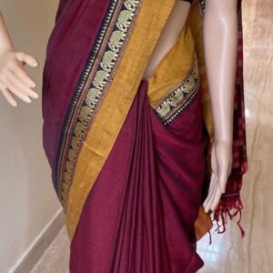Elephant Border Pure Cotton Handloomed Saree For Women With Running Blouse Piece (Maroon)
